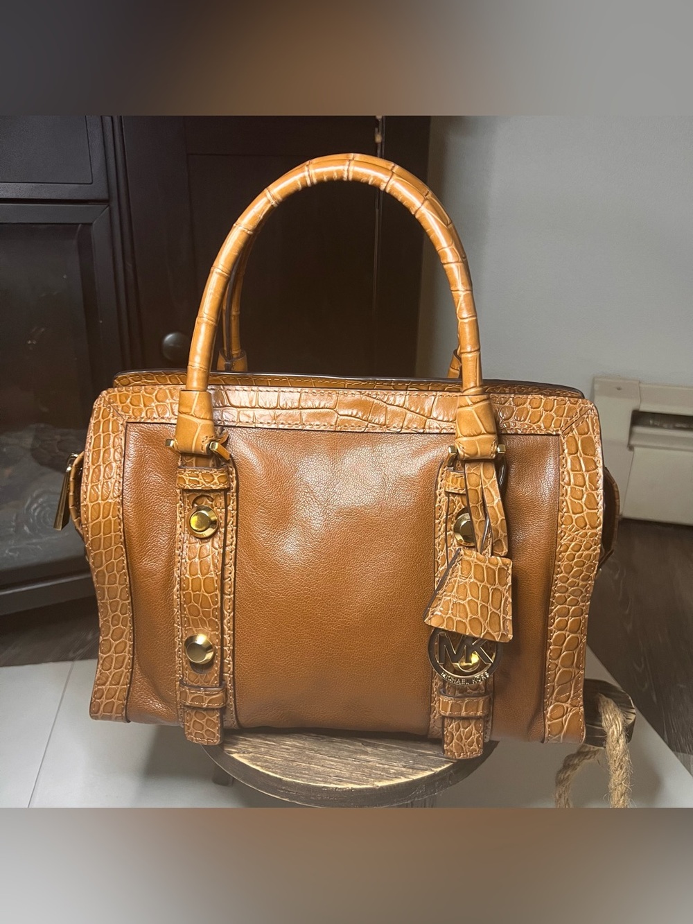 MICHAEL Michael Kors Cognac/Tan Croc-Trim Leather Satchel